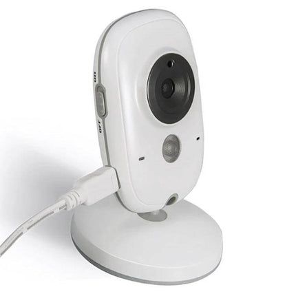 Wireless Baby Monitor with Night Vision and Two-Way Communication showing white tabletop camera on stand with USB power cable and visible lens and microphone
