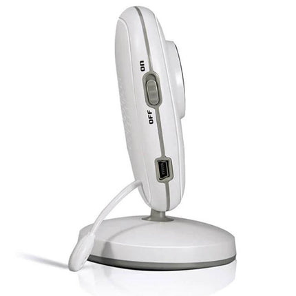 Wireless Baby Monitor with Night Vision and Two-Way Communication showing side view of white monitor on base with power switch and USB port