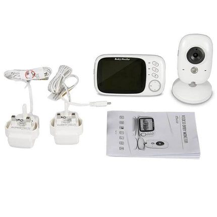 Wireless Baby Monitor with Night Vision and Two-Way Communication showing camera, handheld monitor, power adapters and manual on white background