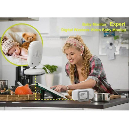 Wireless Baby Monitor with Night Vision and Two-Way Communication showing parent monitoring sleeping baby from kitchen with monitor and talk-back