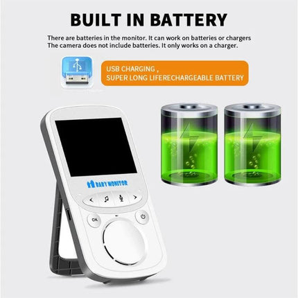 Wireless Baby Monitor with Two-Way Talk and Night Vision for Baby Monitoring showing parent unit with built-in rechargeable battery and battery icons