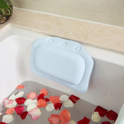 Plush Bathtub Headrest for Relaxing Evening Baths at Home - light blue PVC foam headrest on tub with rose petals for soothing soak
