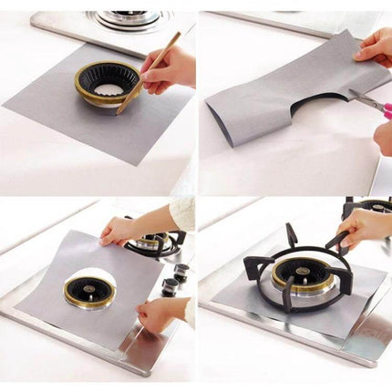 Stovetop Protective Cleaning Pad 27x27cm Ultra Thin reusable grey pad cut to fit around gas burner to protect and catch spills