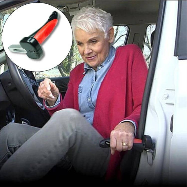 Elderly woman using Car Cane Portable Aid for Vehicle Access with Safety Tools to steady herself entering a car, ergonomic handle supports up to 350 lbs