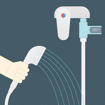 Baby Bath Water Thermometer Rotatable 360 Degree For Gentle Bath Time showing LED temperature display 39.5°C attached to shower faucet for safe newborn baths