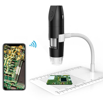 Adjustable Wireless USB Digital Microscope for Detailed Inspection showing circuit board on smartphone and desk with flexible arm