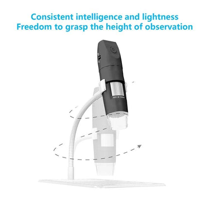 Adjustable Wireless USB Digital Microscope for Detailed Inspection showing handheld microscope on flexible stand with smartphone and close-up viewing
