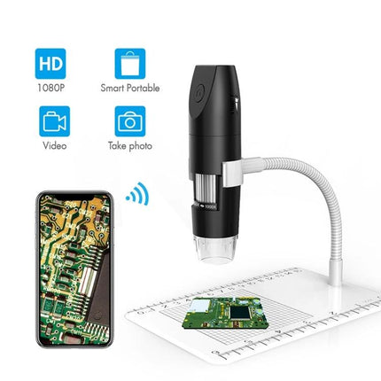 Adjustable Wireless USB Digital Microscope for Detailed Inspection showing wireless smartphone viewing and electronics close-up