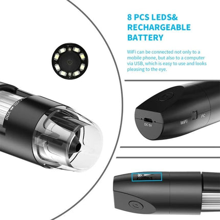 Adjustable Wireless USB Digital Microscope for Detailed Inspection with 8 LEDs, rechargeable battery, WiFi and USB connectivity