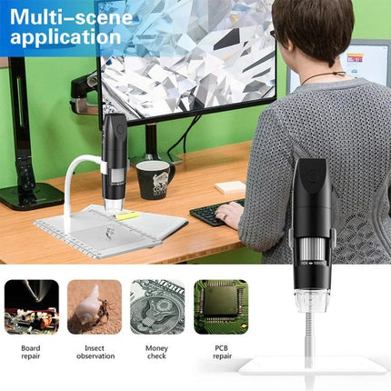 Adjustable Wireless USB Digital Microscope for Detailed Inspection showing wireless smartphone connection and tabletop use for hobby and repair work