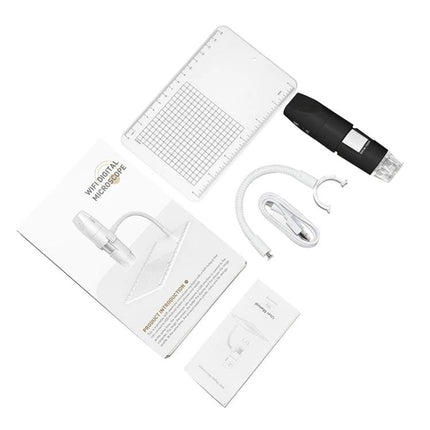 Adjustable Wireless USB Digital Microscope for Detailed Inspection with accessories: stand, measuring grid, USB cable, manual