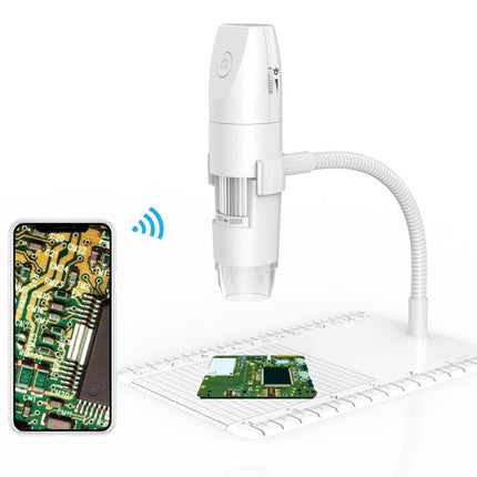 Adjustable Wireless USB Digital Microscope for Detailed Inspection showing wireless connection to smartphone and close-up of circuit board