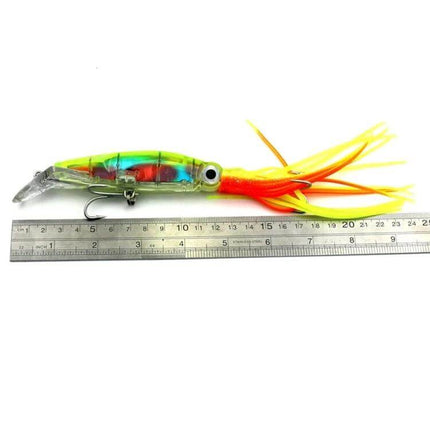 Octopus Shape Fishing Lures With Hooks, 14 cm for Freshwater Use - colorful 14cm octopus-shaped lure with built-in hooks shown next to ruler