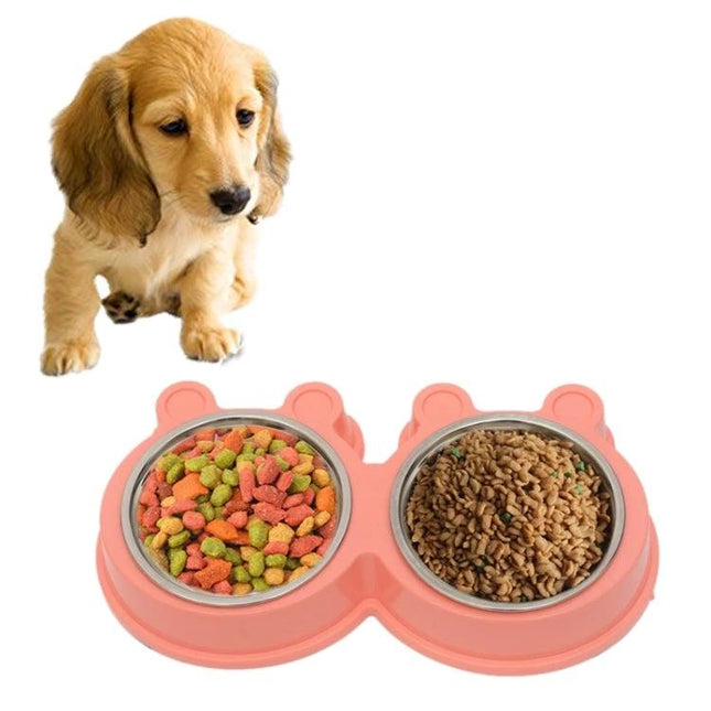 Cartoon Pet Bowls with Stable Mat for Daily Home Feeding showing pink double bowl with kibble and puppy