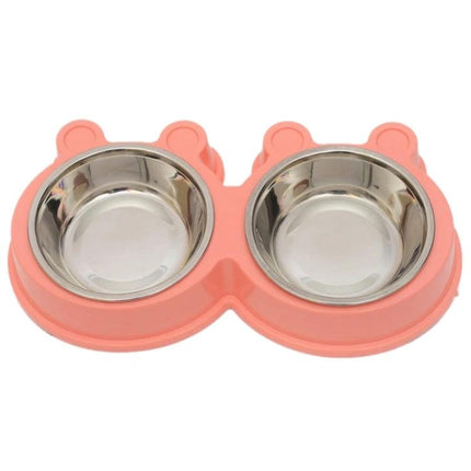 Cartoon Pet Bowls with Stable Mat for Daily Home Feeding - pink double stainless bowls with anti-slip mat