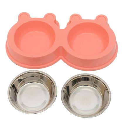 Cartoon Pet Bowls with Stable Mat for Daily Home Feeding - pink double silicone mat with two stainless steel bowls