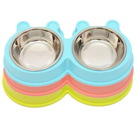 Cartoon Pet Bowls with Stable Mat for Daily Home Feeding double stainless steel bowls on colorful non-slip mat