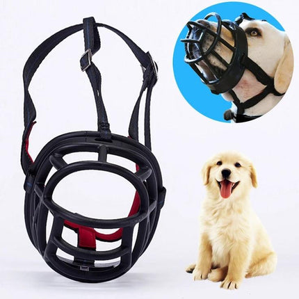 A Practical Dog Muzzle for Daily Walks and Home Behavior shown on a black basket muzzle with straps and a happy golden retriever puppy