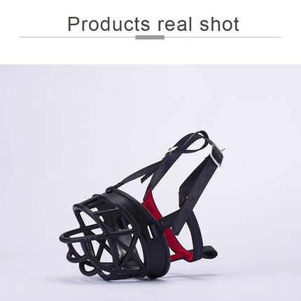 A Practical Dog Muzzle for Daily Walks and Home Behavior - black cage-style muzzle with adjustable straps on white background