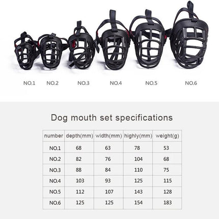 A Practical Dog Muzzle for Daily Walks and Home Behavior displayed in six sizes with specification chart for depth, width, height, and weight