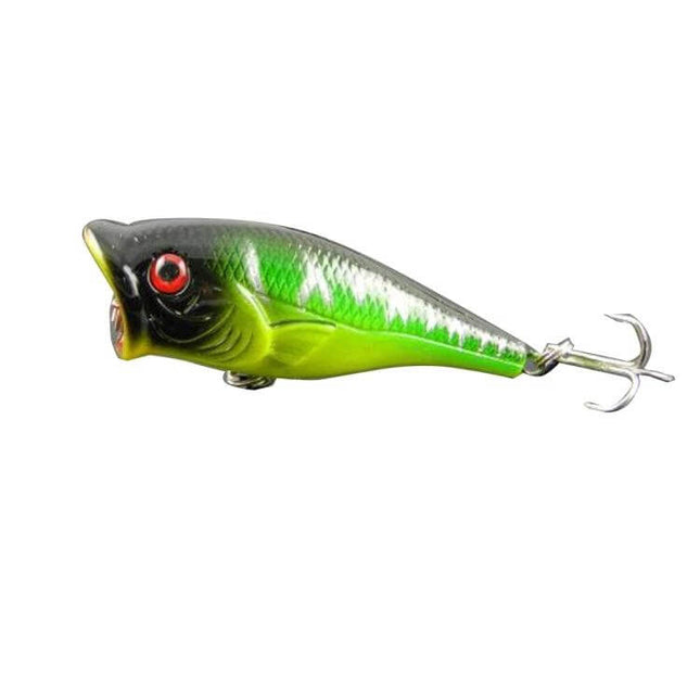 Plastic Fishing Lure Popper 6.5 cm For Freshwater Fishing - green and black buoyant plastic popper with red eye, surface-action lure for ponds and lakes