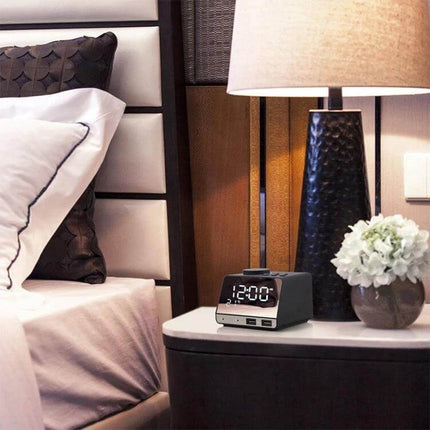 Bluetooth Alarm Clock Speaker Black for Bedside Use on nightstand showing time, dual alarms, USB ports and sleek black design