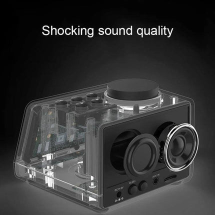 Bluetooth Alarm Clock Speaker Black for Bedside Use showing transparent housing, dual speakers, control knob and front ports for bedside charging and playback