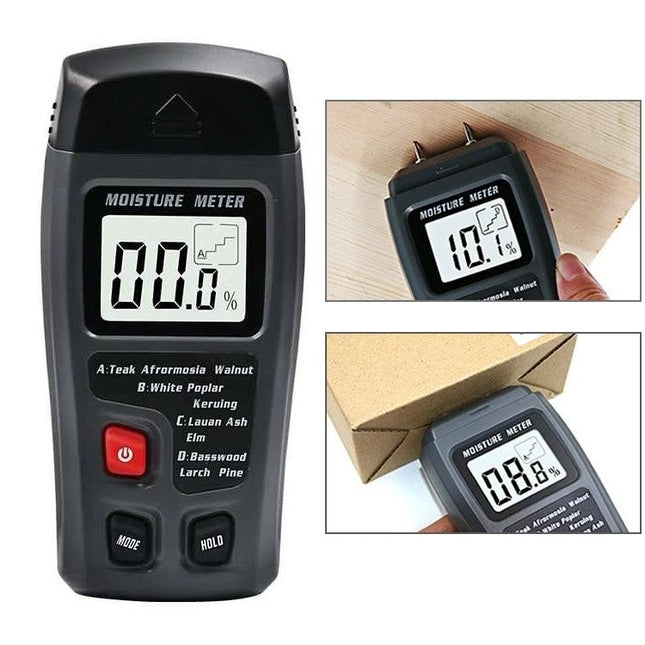 Rechargeable Wood Moisture Tester for Flooring and Carton handheld digital meter showing moisture readings for wood and cardboard