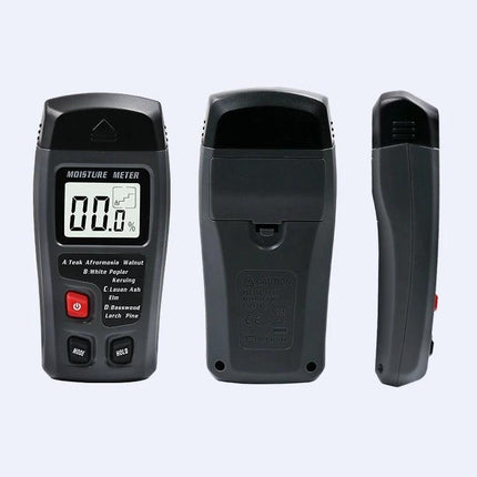 Rechargeable Wood Moisture Tester for Flooring and Carton handheld device showing front, back, and side views for contractors and woodworkers