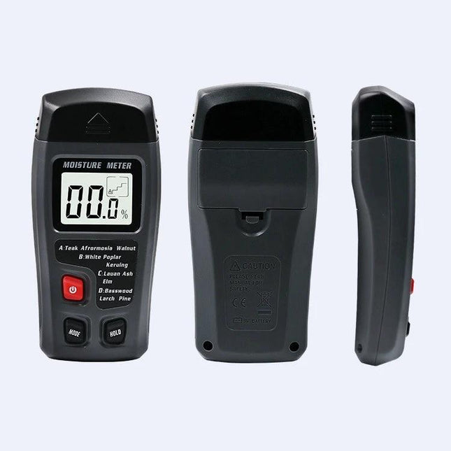 Rechargeable Wood Moisture Tester for Flooring and Carton handheld device showing front, back, and side views for contractors and woodworkers