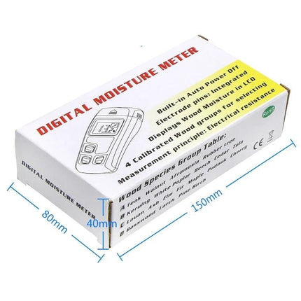 Rechargeable Wood Moisture Tester for Flooring and Carton in product packaging box with measurements shown