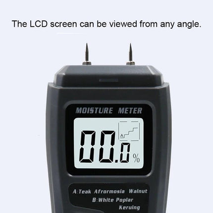 Rechargeable Wood Moisture Tester for Flooring and Carton showing front view with LCD reading and twin probe tips