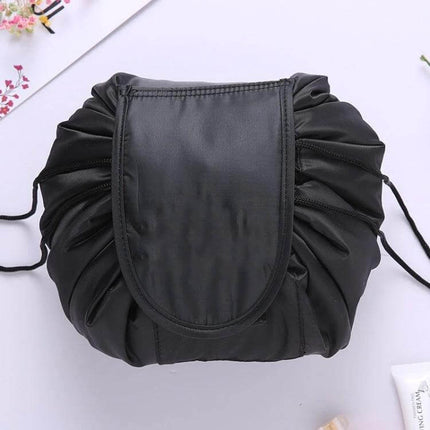 Travel Waterproof Drawstring Cosmetic Bag For Toiletries in black polyester waterproof fabric, durable, wear-resistant, compact drawstring closure