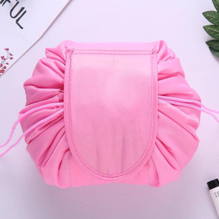 Travel Waterproof Drawstring Cosmetic Bag For Toiletries in pink polyester, waterproof drawstring closure for organized toiletries