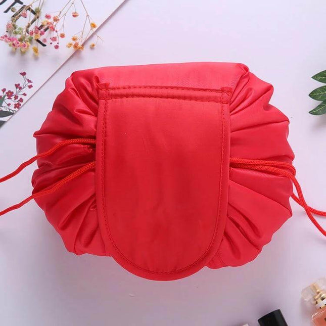 Travel Waterproof Drawstring Cosmetic Bag For Toiletries in red polyester, waterproof drawstring closure keeps toiletries organized and prevents leaks