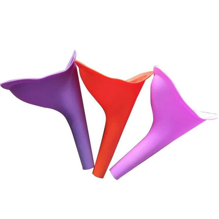 Portable Silicone Female Urinal For Travel And Camping - three colorful flexible silicone urinals (pink, purple, red) for camping and travel hygiene