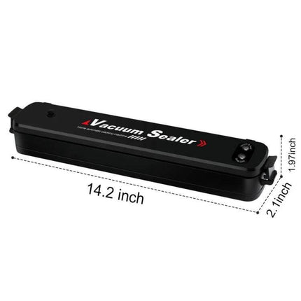 Transparent Sealing Film Roll for Automatic Vacuum Sealer shown with black vacuum sealer unit and dimensions, clear film bags for freezing and portioning
