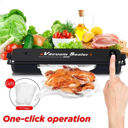 Transparent Sealing Film Roll for Automatic Vacuum Sealer shown sealing cooked chicken with fresh produce and one-click vacuum sealer