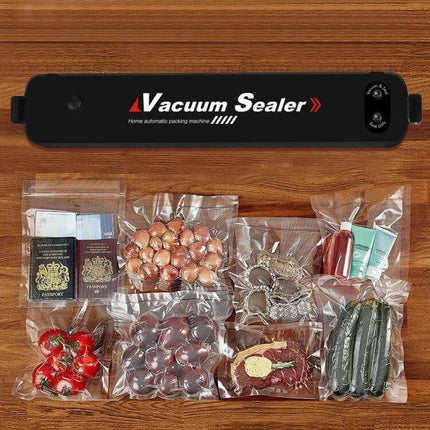 Transparent Sealing Film Roll for Automatic Vacuum Sealer showing 15 clear 25x20 cm bags with assorted foods and a vacuum sealer unit