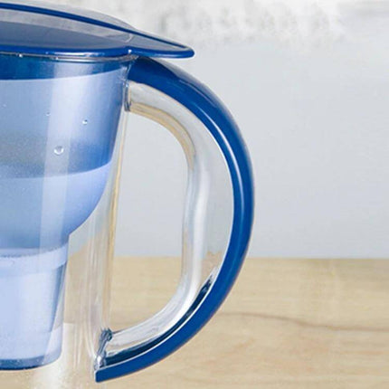 1.3L Portable Water Bottle With Activated Carbon Filter, Blue - close-up of blue handle and lid showing three-part filter and clear body for on-the-go filtration