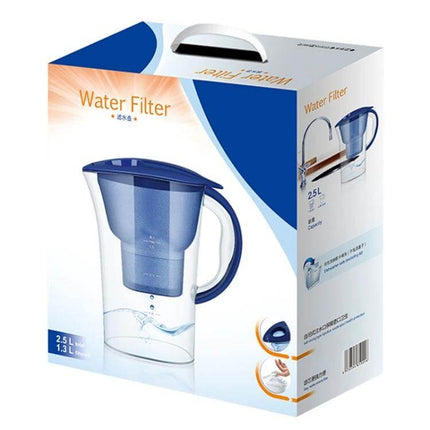 1.3L Portable Water Bottle With Activated Carbon Filter, Blue shown in product packaging with blue lid and handle
