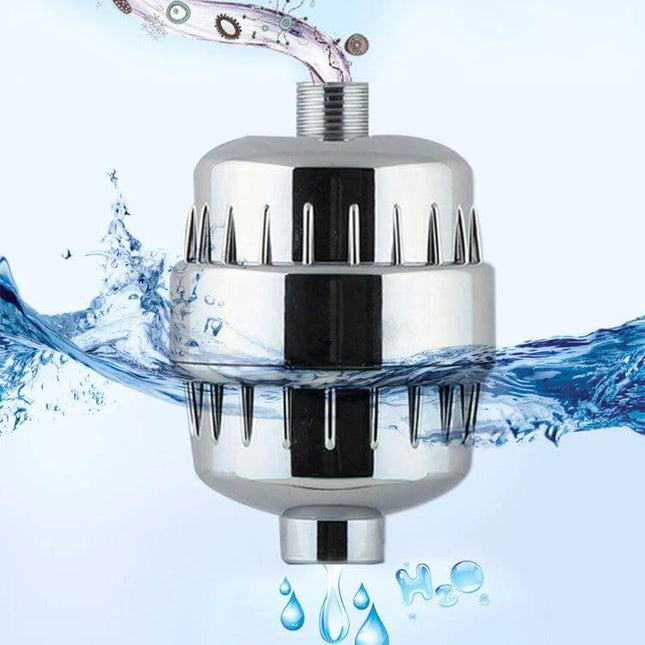 Bath Water Purifier Shower Filter With 2.1cm To 2.7cm Interface chrome shower head filter showing water flow and droplets