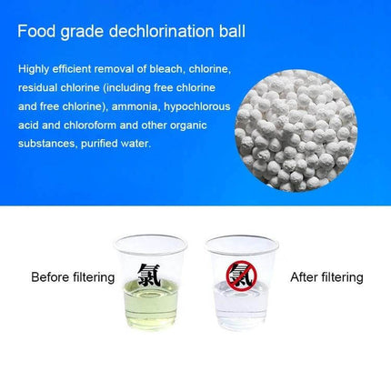 Bath Water Purifier Shower Filter With 2.1cm To 2.7cm Interface showing food grade dechlorination balls and before-and-after filtered water comparison