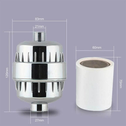 Bath Water Purifier Shower Filter With 2.1cm To 2.7cm Interface chrome shower filter with KDF and calcium cartridge dimensions shown