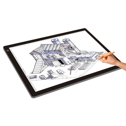 Portable A2 Acrylic Light Board for Sketching and Drawing showing architectural sketch being traced by hand