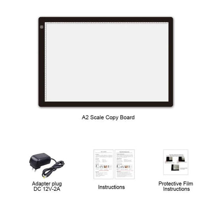 Portable A2 Acrylic Light Board for Sketching and Drawing showing A2 copy board with adapter plug, instructions and protective film guides