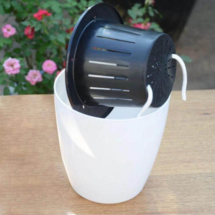 Lazy Flower Pots Self Watering Planter, 11cm Diameter - white double-layer PP resin pot with inner basket and wick for steady moisture