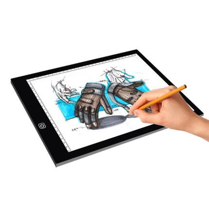 A4 Acrylic LED Dimmable Copy Board for Sketching with USB Power showing hand tracing glove sketch on illuminated A4 board