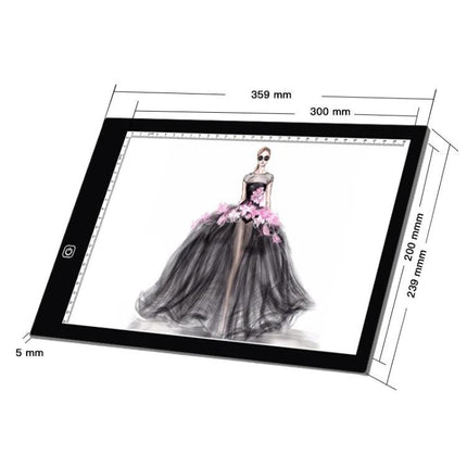 A4 Acrylic LED Dimmable Copy Board for Sketching with USB Power showing slim illuminated tracing board with fashion sketch