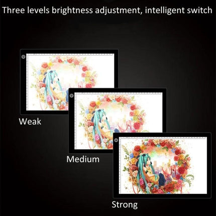 A4 LED Dimmable Acrylic Copy Board for Sketching Drawings showing three brightness levels (weak, medium, strong) for precise tracing